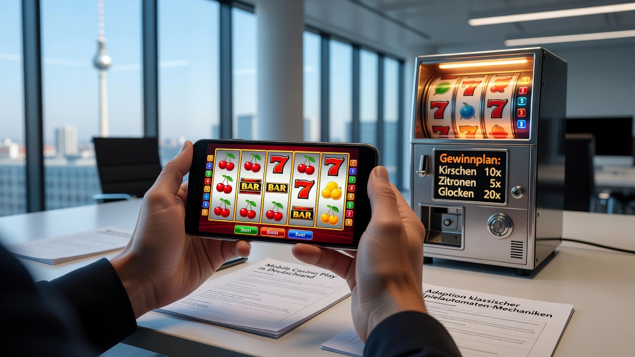 Detailansicht einer mobilen Fruchtspielautomatenschnittstelle mit Walzen und Bonus-Symbolen