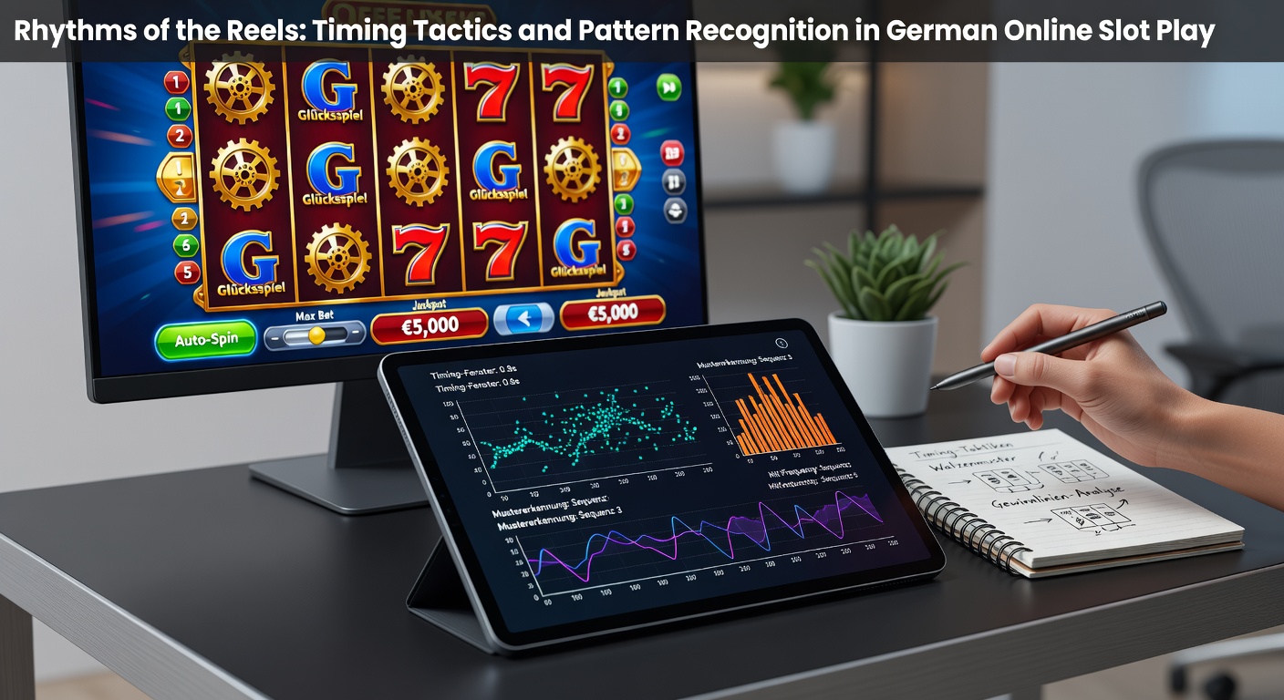 Drehende Slot-Walzen mit digitalen Mustern und Timing-Anzeigen auf einem modernen Online-Casino-Bildschirm